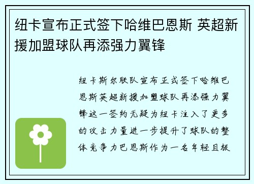 纽卡宣布正式签下哈维巴恩斯 英超新援加盟球队再添强力翼锋